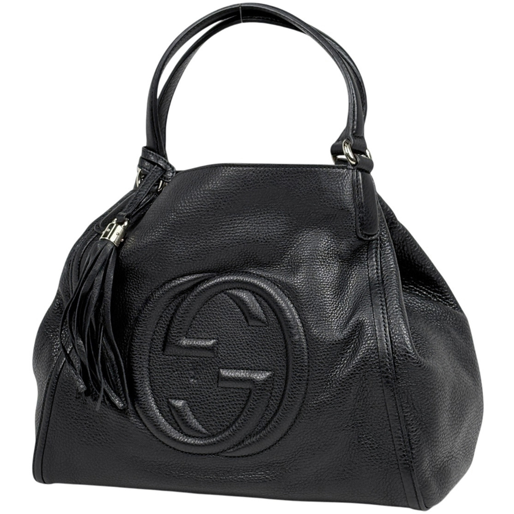 Gucci Soho Tote Bag, Fringe, Interlocking G, Leather, Black, 282309, Women's